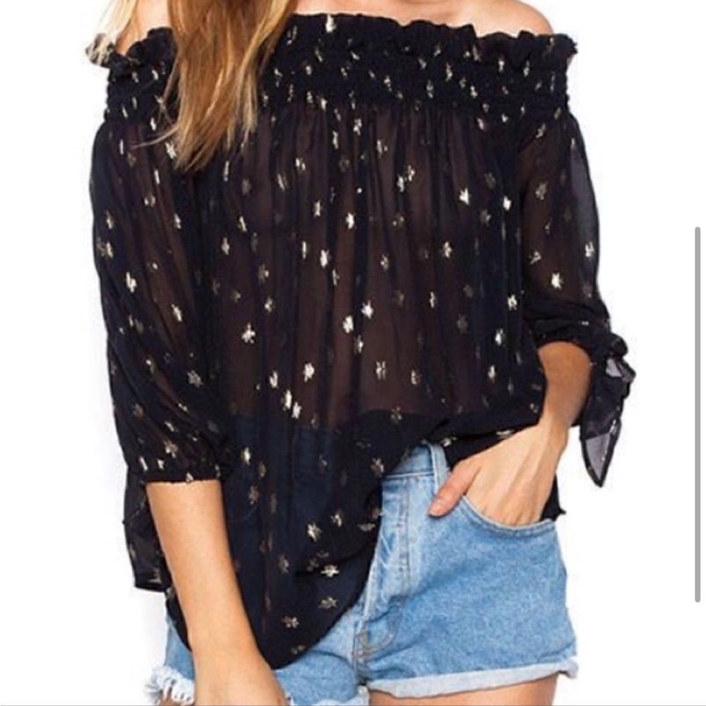 Beach Riot Silk Virgo Off The Shoulder Sheer Top Navy Blue Gold